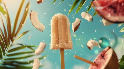 Wall Mural - A popsicle with coconut flakes and a piece of fruit on top. The popsicle is flying through the air