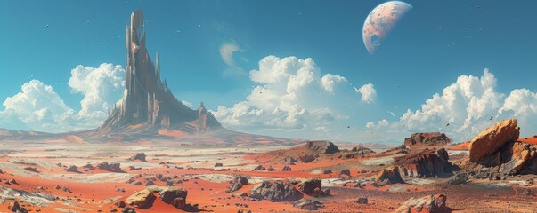 Wall Mural - a desolate alien planet, its barren landscape dotted with otherworldly rock formations.
