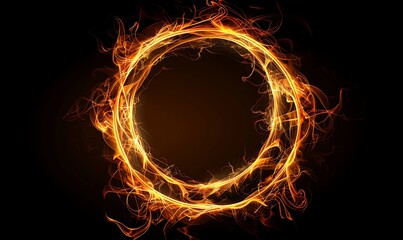 Wall Mural - A circular frame made of swirling, magical flames, set against a black background with an empty center, perfect for copy space