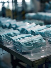 Wall Mural - A row of blue surgical masks are on a table. The masks are in plastic containers and are arranged in neat rows