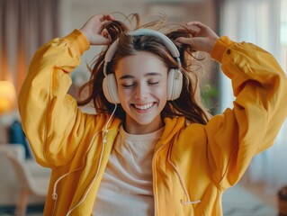 Wall Mural - A woman in a yellow jacket is wearing headphones and smiling. She is enjoying her music