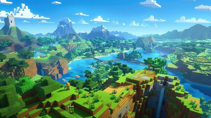 Wall Mural - A sandbox game environment where players can create and manipulate worlds, depicted through a vibrant and interactive landscape with tools and elements to build structures.
