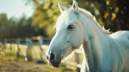 Wall Mural - A white horse is standing in a field with a fence behind it. The horse has a curious look on its face, and it is looking at the camera. The scene is peaceful and serene