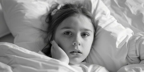 Wall Mural - A young girl is laying in bed with her head on a pillow. She is looking at the camera with a sad expression on her face