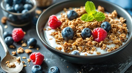 Poster - A bowl of cereal with blueberries and raspberries on top. The bowl is black and the berries are red
