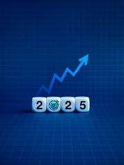 Poster - 2025 new year, business, financial and technology trends concept. 2025 year calendar number with target icon on white cube blocks on abstract grid, digital tech interface, vertical blue background.