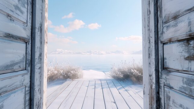 A wooden door is open to a snowy beach. The sky is blue and the water is frozen. The scene is peaceful and serene