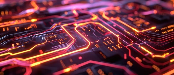 A closeup of a hightech futuristic digital background with intricate circuits and glowing neon lines