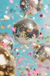 © World of AI - holographic disco balls pattern with flying gold and silver confetti, shiny, very festive