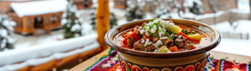 Wall Mural - A serving of Turkmen chorba, a hearty meat and vegetable soup, served in a ceramic bowl, set on a wooden table with a view of a snowy Turkmen village