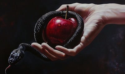 A close-up of Eve's hand holding a red apple with a black snake wrapped around her arm, symbolizing temptation and disobedience