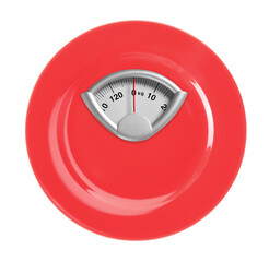 Sticker - Red plate with analog weighing scale display isolated on white, top view