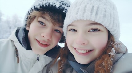 Wall Mural - Two young people are smiling and wearing winter hats. They are posing for a picture. Scene is happy and cheerful
