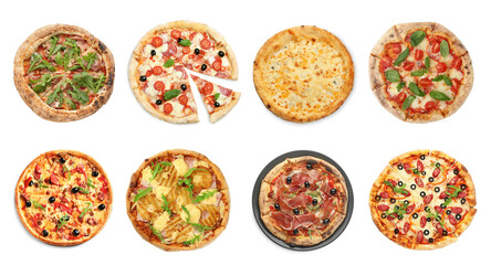 Wall Mural - Different tasty pizzas isolated on white, collection