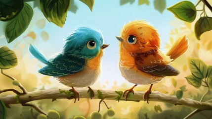 Wall Mural - This image is of two very funny little birds, this illustration is fully made a?'a?'computer and I am the author of the work.