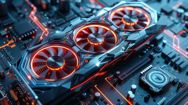 Digital computer graphics card with futuristic design elements and illuminated cooling fans