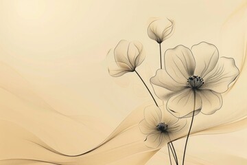 Wall Mural - Simple black flower illustration with a golden outline on a isolated pastel background Copy space for decor