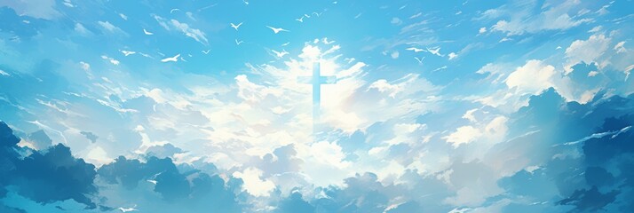 Wall Mural - Ethereal Cross in the Sky Surrounded by Clouds and Birds with Space for Text