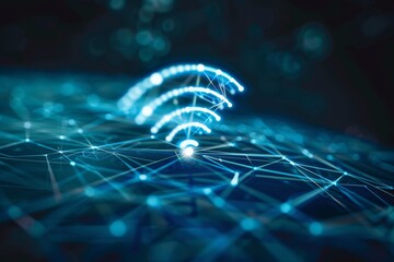 Poster - Visual representation of WiFi connectivity, featuring network nodes and neon blue light effects in an abstract way