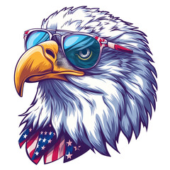 bald eagle wearing sunglasses and american flag, clip art vector illustration independence patriot 4th july day, transparent background