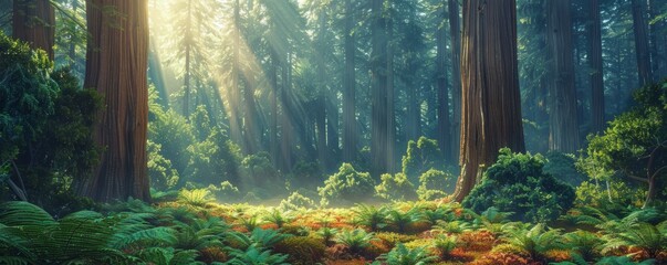 Canvas Print - A majestic redwood forest, with towering trees reaching towards the sky and a carpet of ferns covering the forest floor.