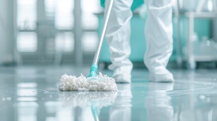 Detailed shot of cleaning crew in action, back view, property maintenance, ensuring high sanitation standards, wearing uniforms, using professional cleaning equipment