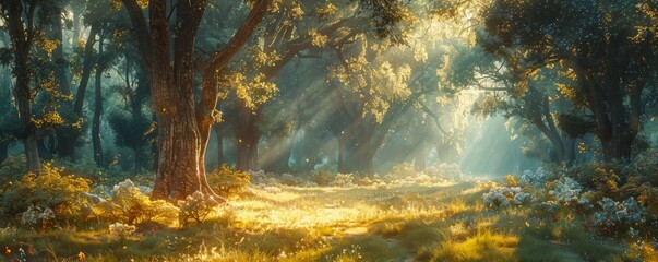 Canvas Print - A tranquil woodland glade illuminated by dappled sunlight filtering through the trees.