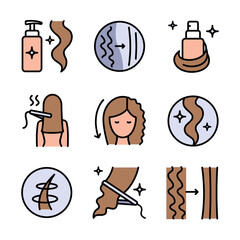 Wall Mural - Hair straightener icons set for hair care treatment and beauty or woman salon, color vector. Hair straightener appliance for female haircut straightening and haircare cosmetic treatment symbols