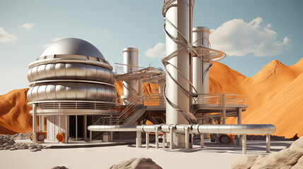 Poster - Retro futuristic architecture in sci-fi scene on the desert planet. Alien landscape with nostalgic retro future constructions
