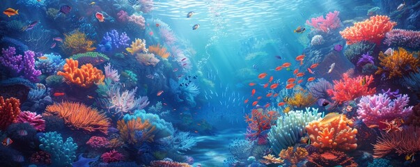 Wall Mural - An underwater world with vibrant corals and exotic fish.