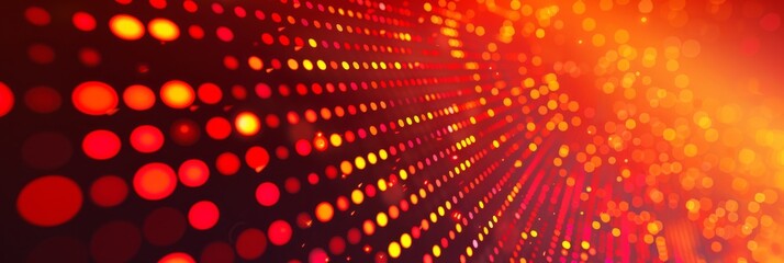 A vibrant display of dynamic red and yellow light dots creating an abstract digital pattern in motion