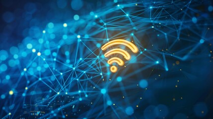 Poster - A vibrant digital network displaying glowing WiFi symbol and complex connections in futuristic design.