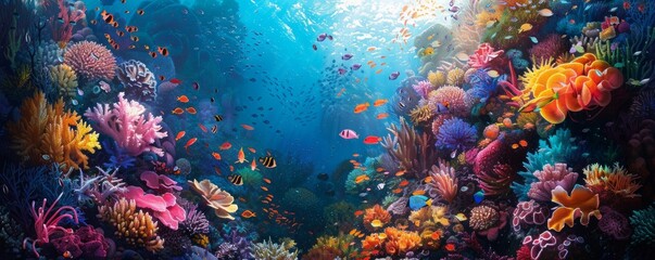 Wall Mural - A vibrant coral reef teeming with life, with colorful fish darting among the intricate coral formations.