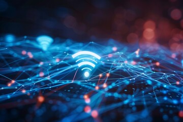 Poster - Visual representation of WiFi connectivity, featuring network nodes and neon blue light effects in an abstract way