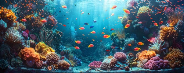 A vibrant coral reef teeming with life, with colorful fish and delicate sea creatures among the coral formations.
