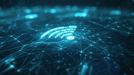 Poster - Visual representation of WiFi connectivity, featuring network nodes and neon blue light effects in an abstract way