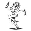© Oleksandr Pokusai - joyful woman dancing with bottles in hand, fun and celebration in a retro style sketch engraving generative ai fictional character raster illustration. Scratch board imitation. Black and white image.