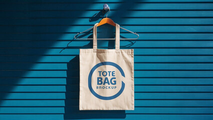 Tote Bag branding mockup template on a metal hanger with deep shadows, real photo. Blank isolated to place your design