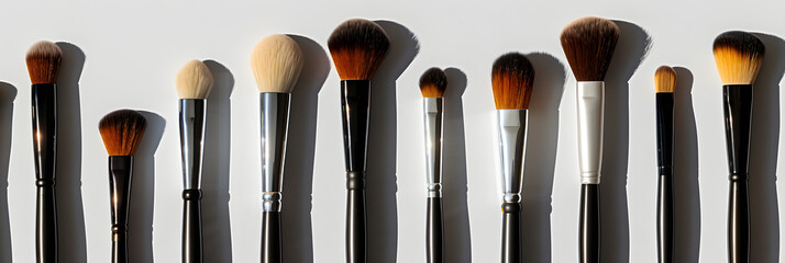 Wall Mural - set of stylish professional makeup brushes and scattered beautiful shadows, on white background