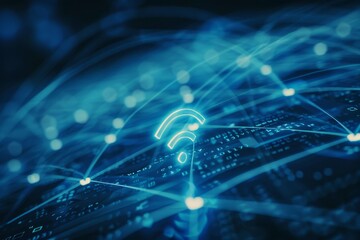 Poster - Visual representation of WiFi connectivity, featuring network nodes and neon blue light effects in an abstract way
