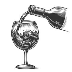 Wall Mural - wine being poured into a glass, capturing the motion and elegance of the liquid sketch engraving generative ai raster illustration. Scratch board imitation. Black and white image.