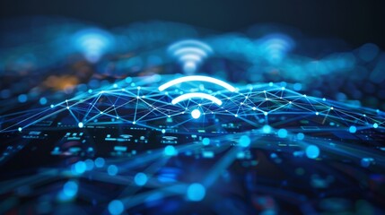 Poster - Visual representation of WiFi connectivity, featuring network nodes and neon blue light effects in an abstract way