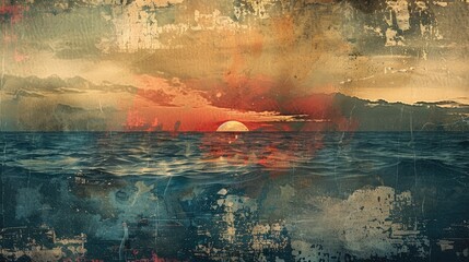 Wall Mural - Abstract sunset over the ocean with vibrant colors and brushstrokes.