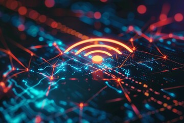 Poster - A vibrant digital network displaying glowing WiFi symbol and complex connections in futuristic design.