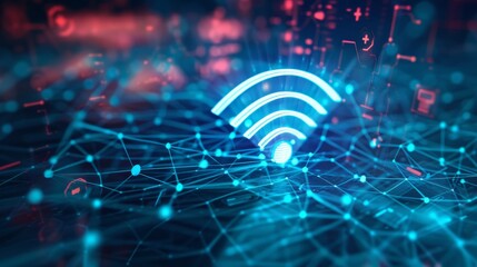 Poster - Visual representation of WiFi connectivity, featuring network nodes and neon blue light effects in an abstract way