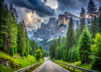 Wall Mural - Road in green forest in rainy summer day. Dolomites, Italy. Beautiful mountain roadway, tress, grass, high rocks, blue sky with clouds. Landscape with empty highway through the wood in spring. Travel