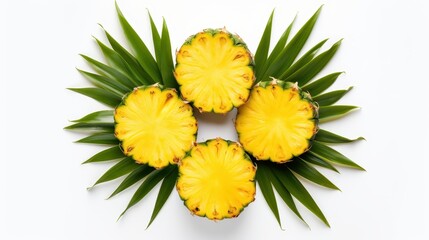 Wall Mural - Sliced pineapple with green tropical leaves