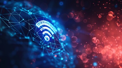 Poster - Visual representation of WiFi connectivity, featuring network nodes and neon blue light effects in an abstract way
