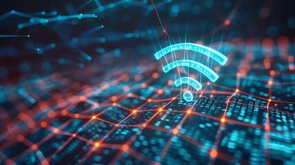 Poster - Visual representation of WiFi connectivity, featuring network nodes and neon blue light effects in an abstract way