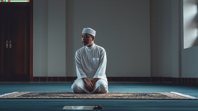 moslem man looks front kneel on a prayer mat. Generative AI